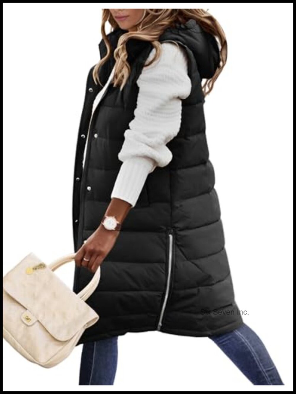 Long Puffer Vest Women's Sleeveless Quilted Jacket with Hood Winter Outerwear